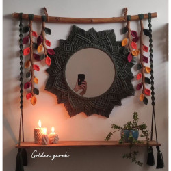 شلف چوبی آینه دار با برگپیچک مکرومه مدل گیسو شلف چوبی آینه دار با برگپیچک مکرومه مدل گیسو