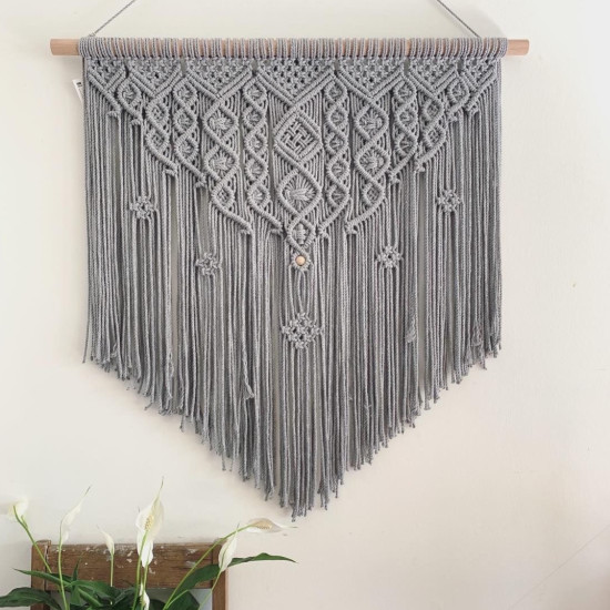 دیوارکوب اویز مکرومه بافی مدرن طوسی طرح ققنوس