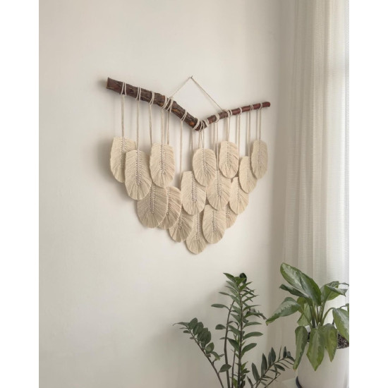 دکوراتیو مکرومه بافی برگ مدل طلوع با چوب طبیعی